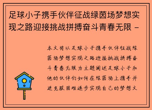 足球小子携手伙伴征战绿茵场梦想实现之路迎接挑战拼搏奋斗青春无限 - 副本