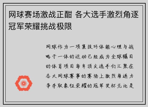 网球赛场激战正酣 各大选手激烈角逐冠军荣耀挑战极限