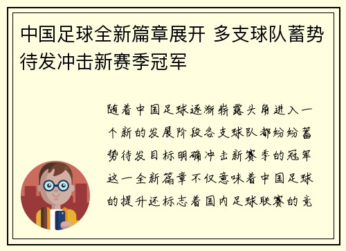 中国足球全新篇章展开 多支球队蓄势待发冲击新赛季冠军