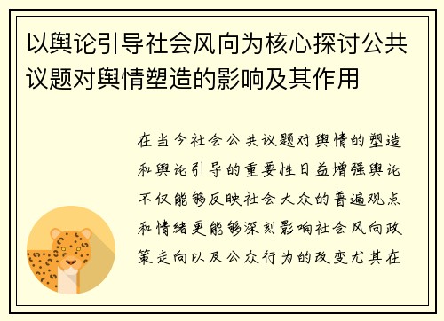 以舆论引导社会风向为核心探讨公共议题对舆情塑造的影响及其作用