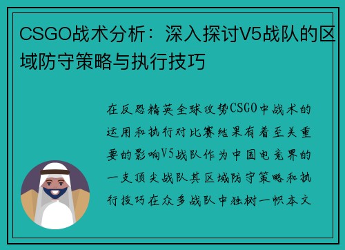 CSGO战术分析：深入探讨V5战队的区域防守策略与执行技巧