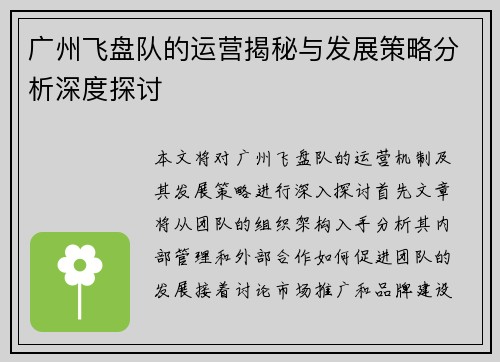 广州飞盘队的运营揭秘与发展策略分析深度探讨